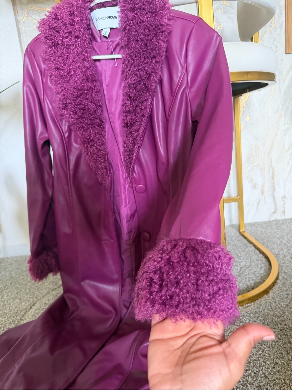 Fashion Nova Magenta Faux Leather Coat with Faux Fur Trim